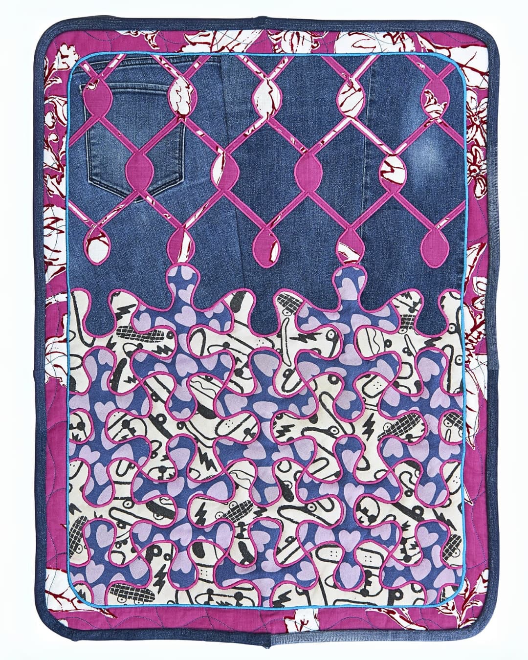 Ben Venom, Kids Play, 2024. 58cm x 84cm (23" x 33"). Quilting, appliqué. Recycled fabric from his daughter and wife.