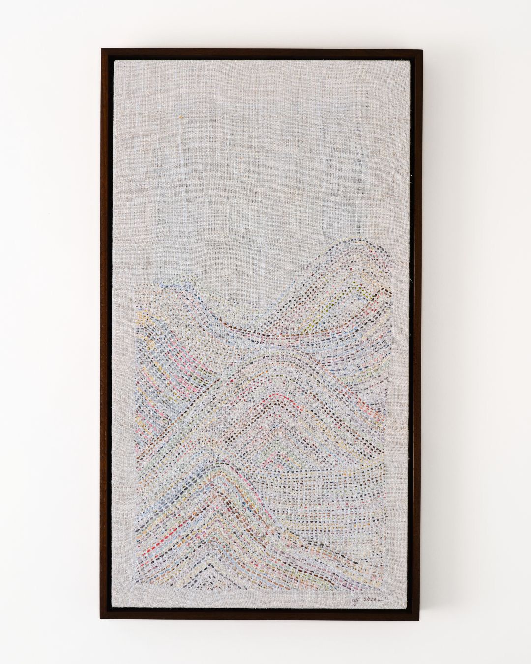 A framed piece of hand stitched artwork hung on a wall