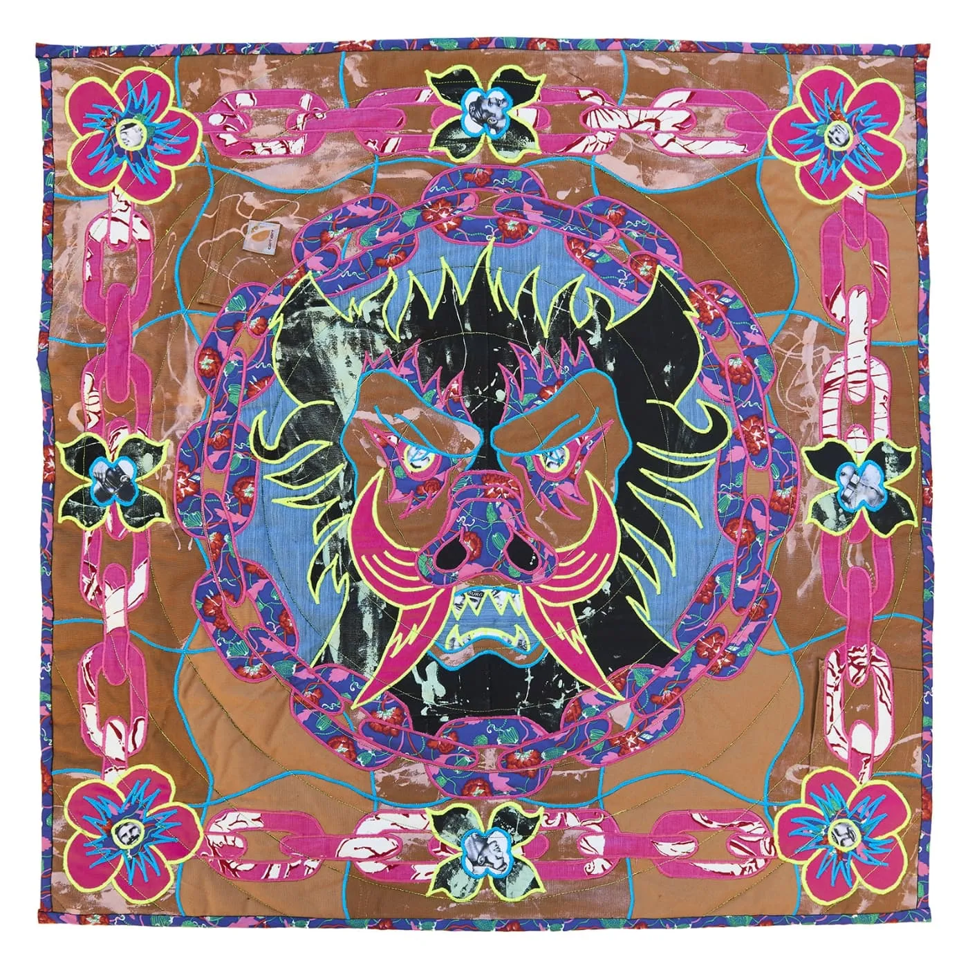 Ben Venom, War Pig, 2024. 76cm x 76 cm (30" x 30"). Quilting, appliqué. Recycled fabric.