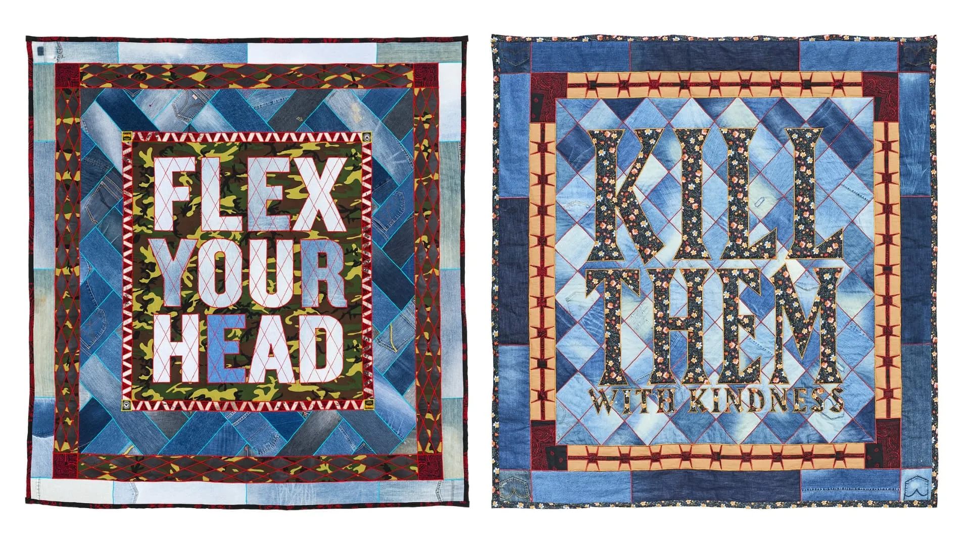 Ben Venom, Flex Your Head (left), 2020 . 180cm x 193cm (71" x 76"). Quilting, appliqué. Recycled fabric. Kill Them with Kindness (right), 2022. 203cm x 210cm (80" x 83"). Quilting, appliqué. Recycled fabric.