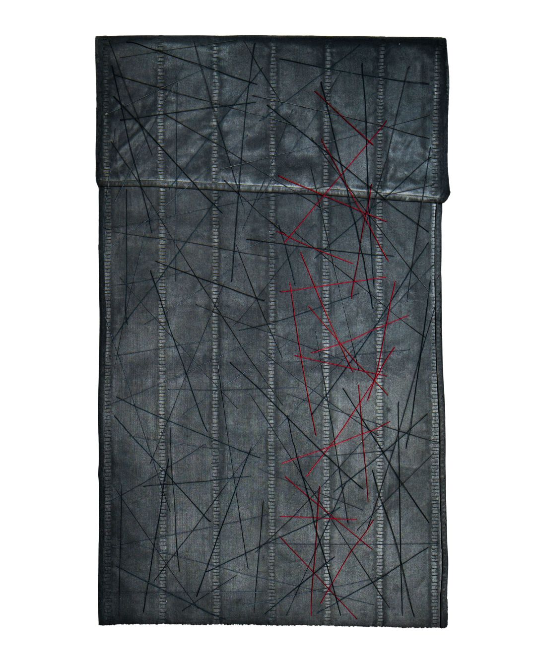 A black and red stitched fabric artwork with black lines