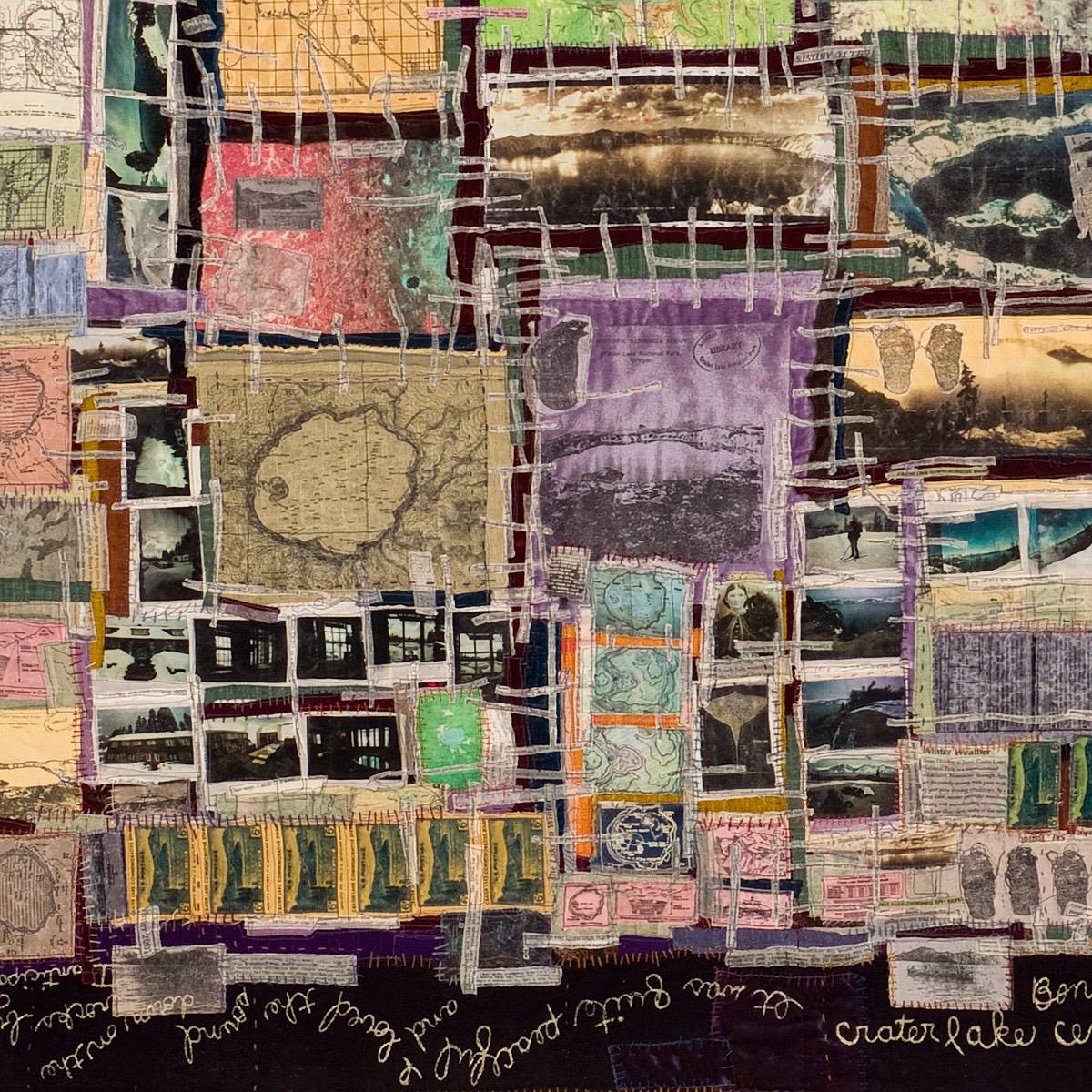 A close up of a patchwork art quilt with a variety of collaged imagery and stitched handwriting on it