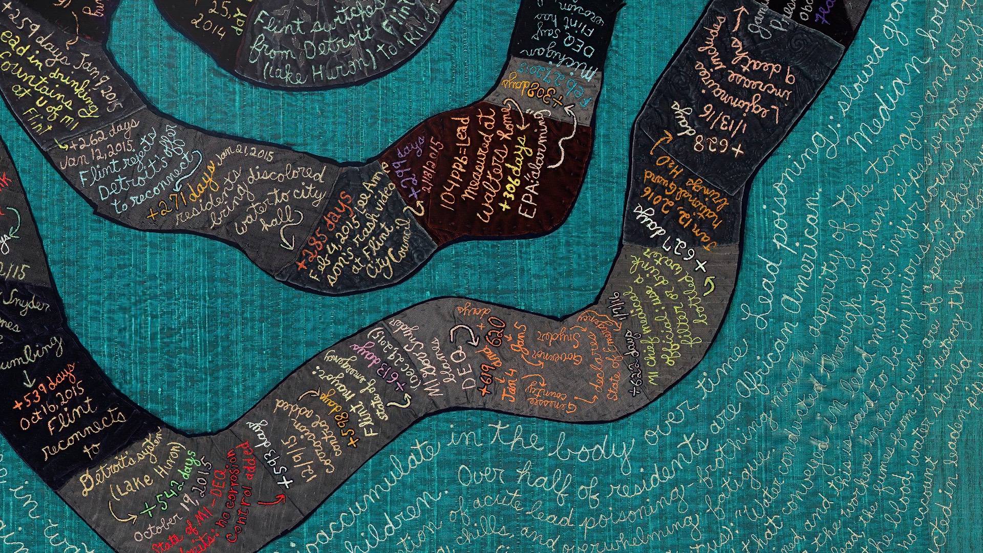 A closeup of fabric art with stitched writing on it