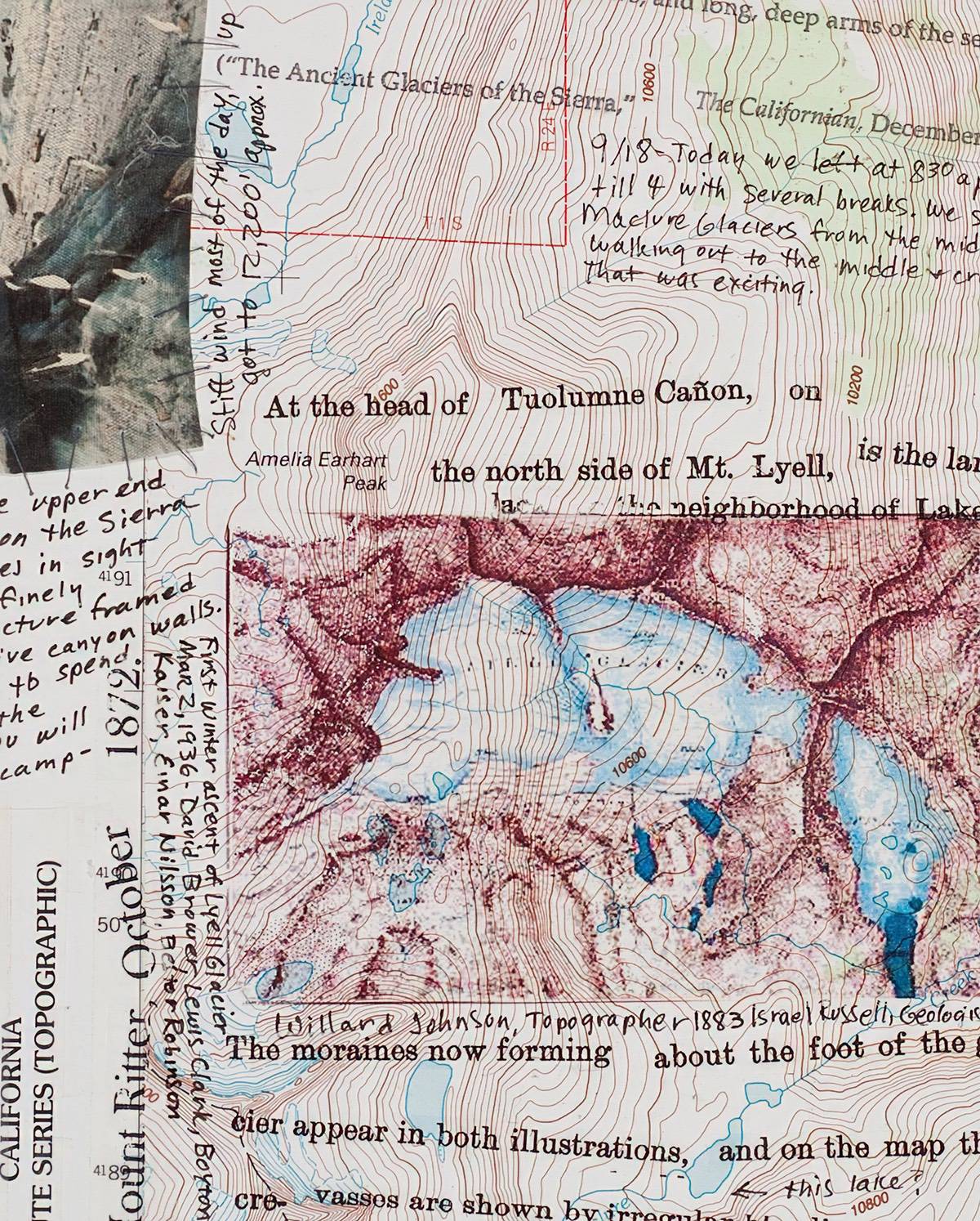 A closeup of a collaged artwork of a topographic glacier map with overlaid type and imagery