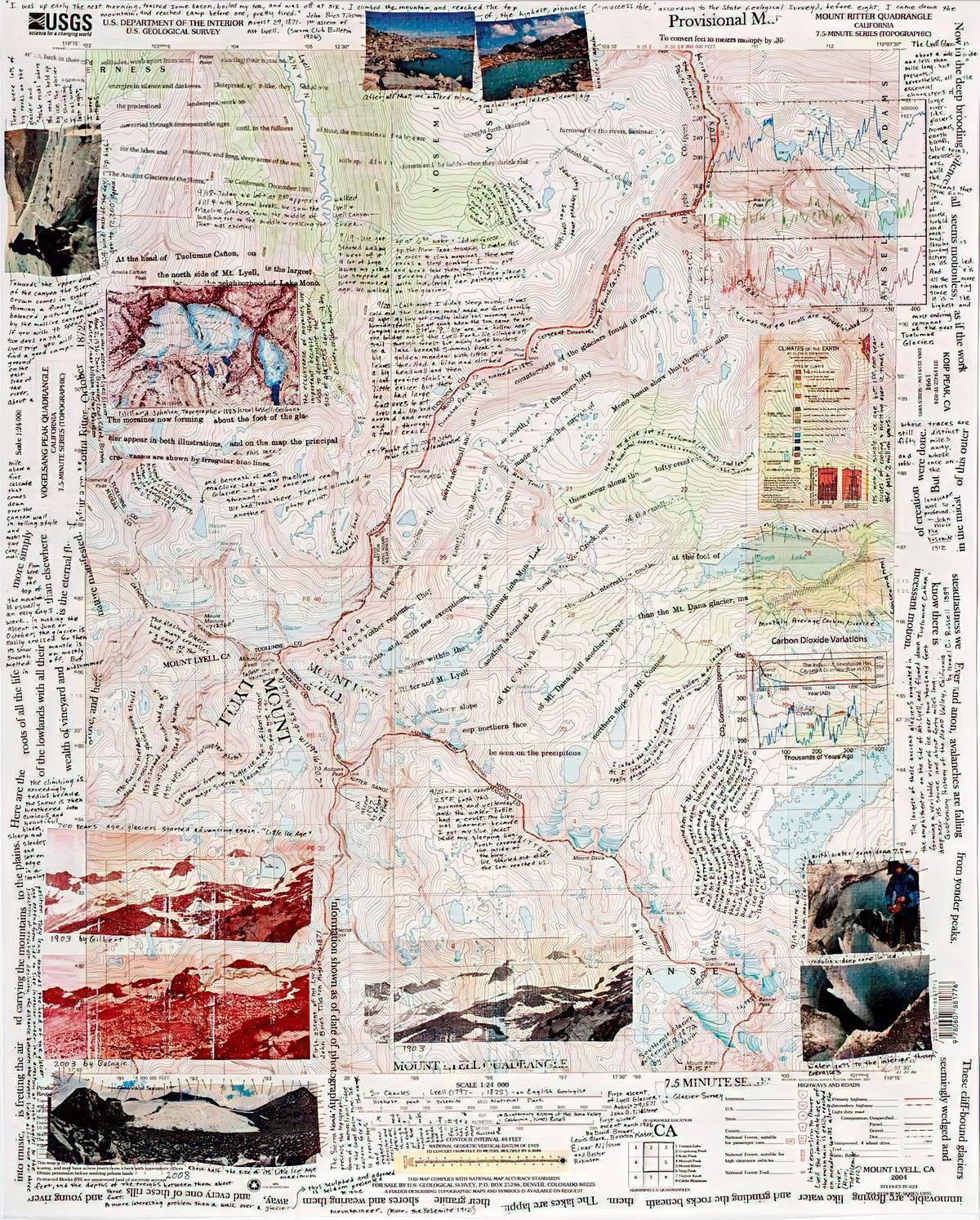 A collaged artwork of a topographic glacier map with overlaid type and imagery