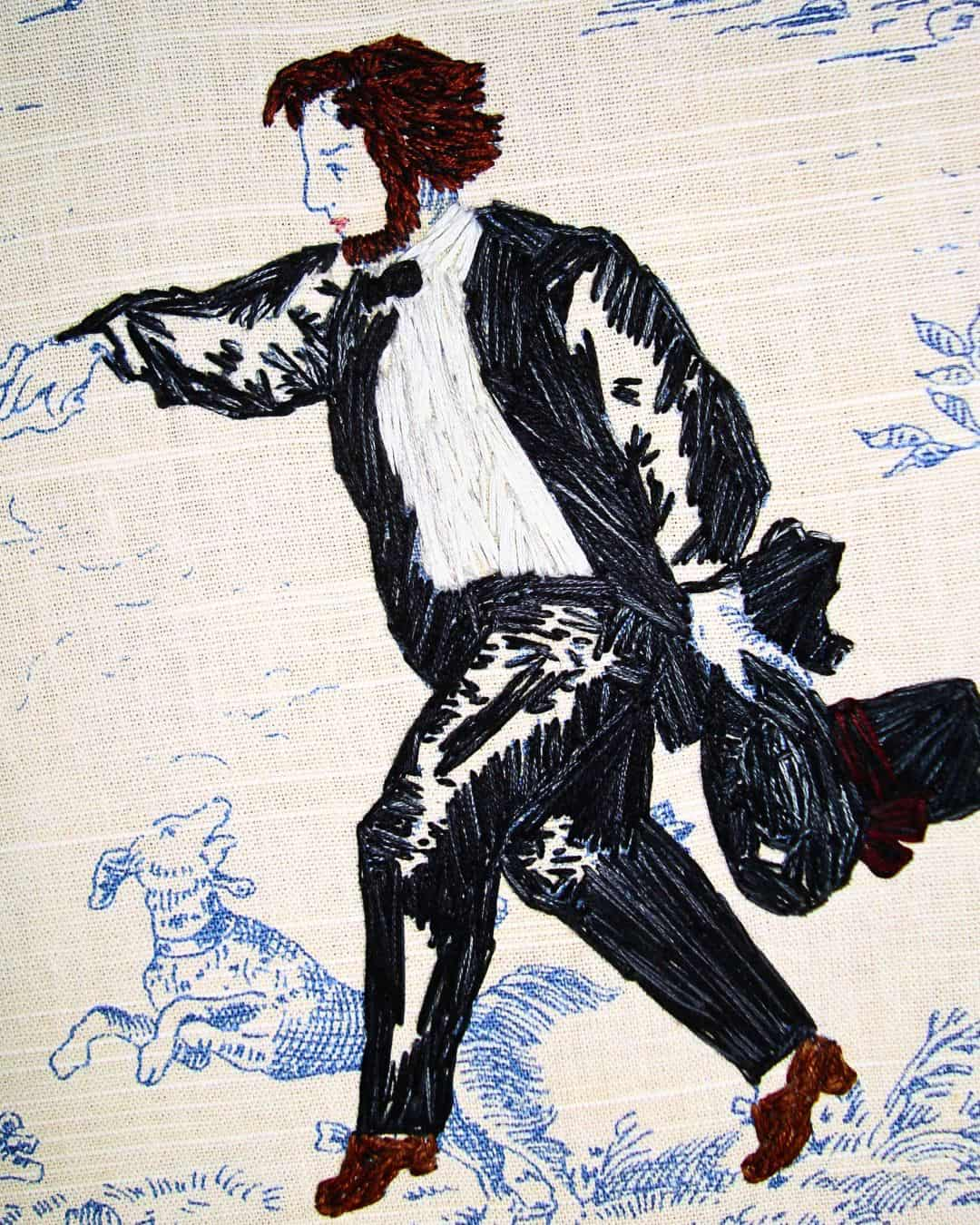 a hand-stitched image of a man with a bag