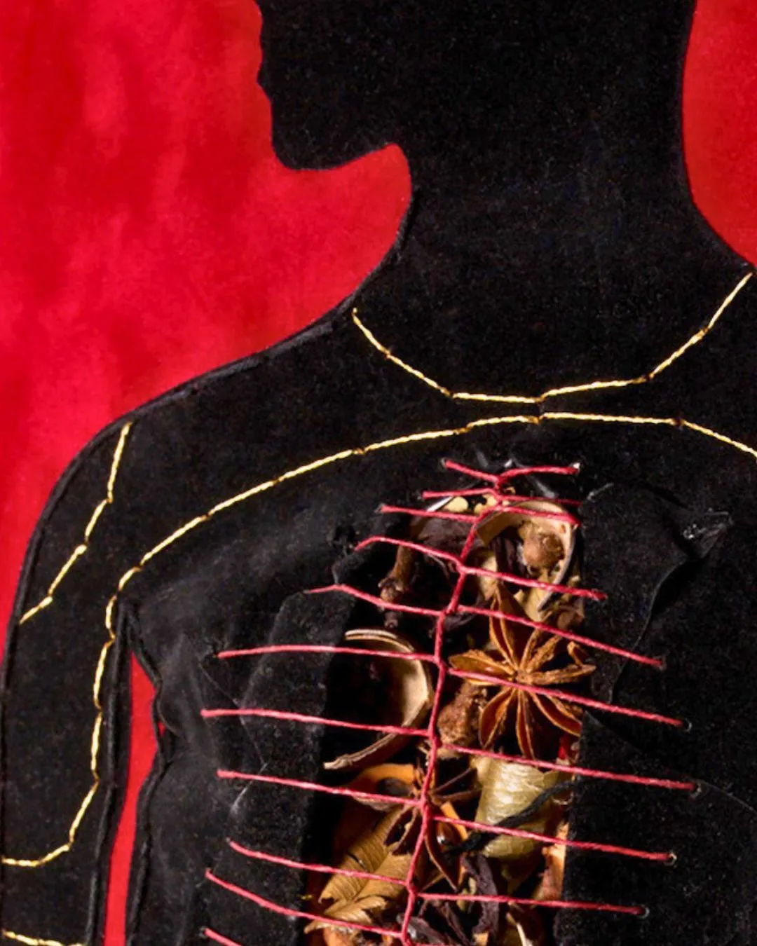 A black silhouetted figure on a red background with red threads and spices across its chest