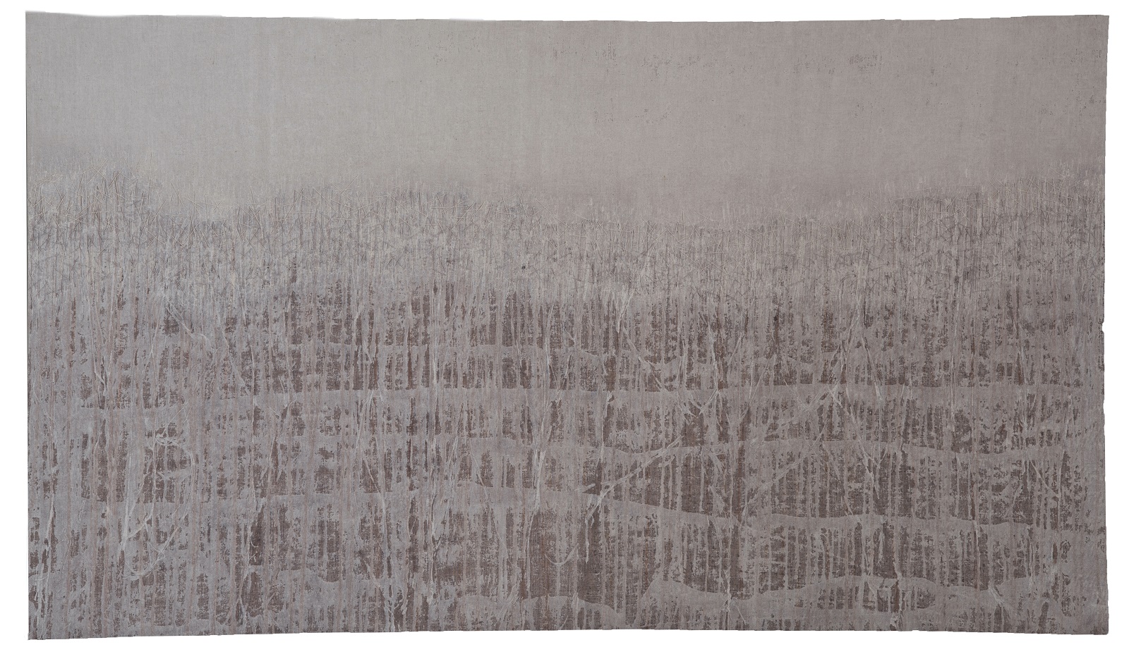 Claire Benn: HaCI, 2019, 143 x 83cm, linen, earth pigment, acrylic medium, cotton thread.  Mono printing, painting, hand stitch, Photograph credit: Katie Vandyke