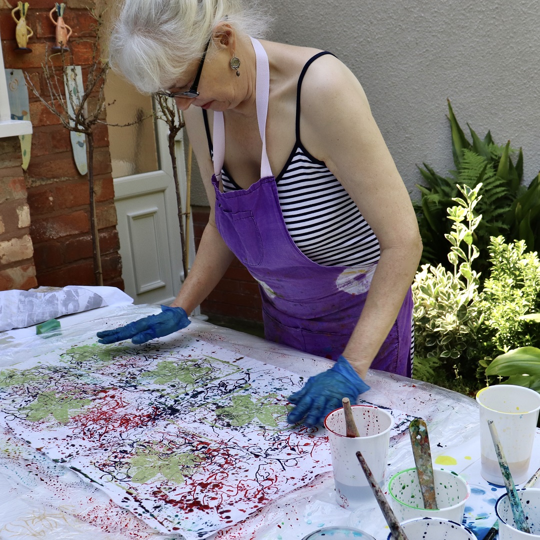 Stephanie Redfern, creating printed fabric. Photo: Chloe Redfern