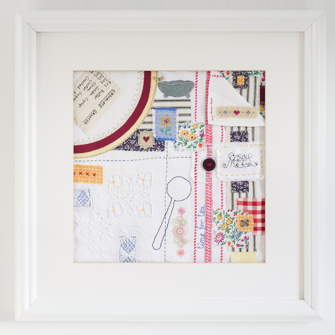 Jane King, Time for Tea, 2021. 28cm x 28cm (11" x 11"). Collage, fabric appliqué, hand stitch. Vintage fabrics and household linens, embroidery threads. 