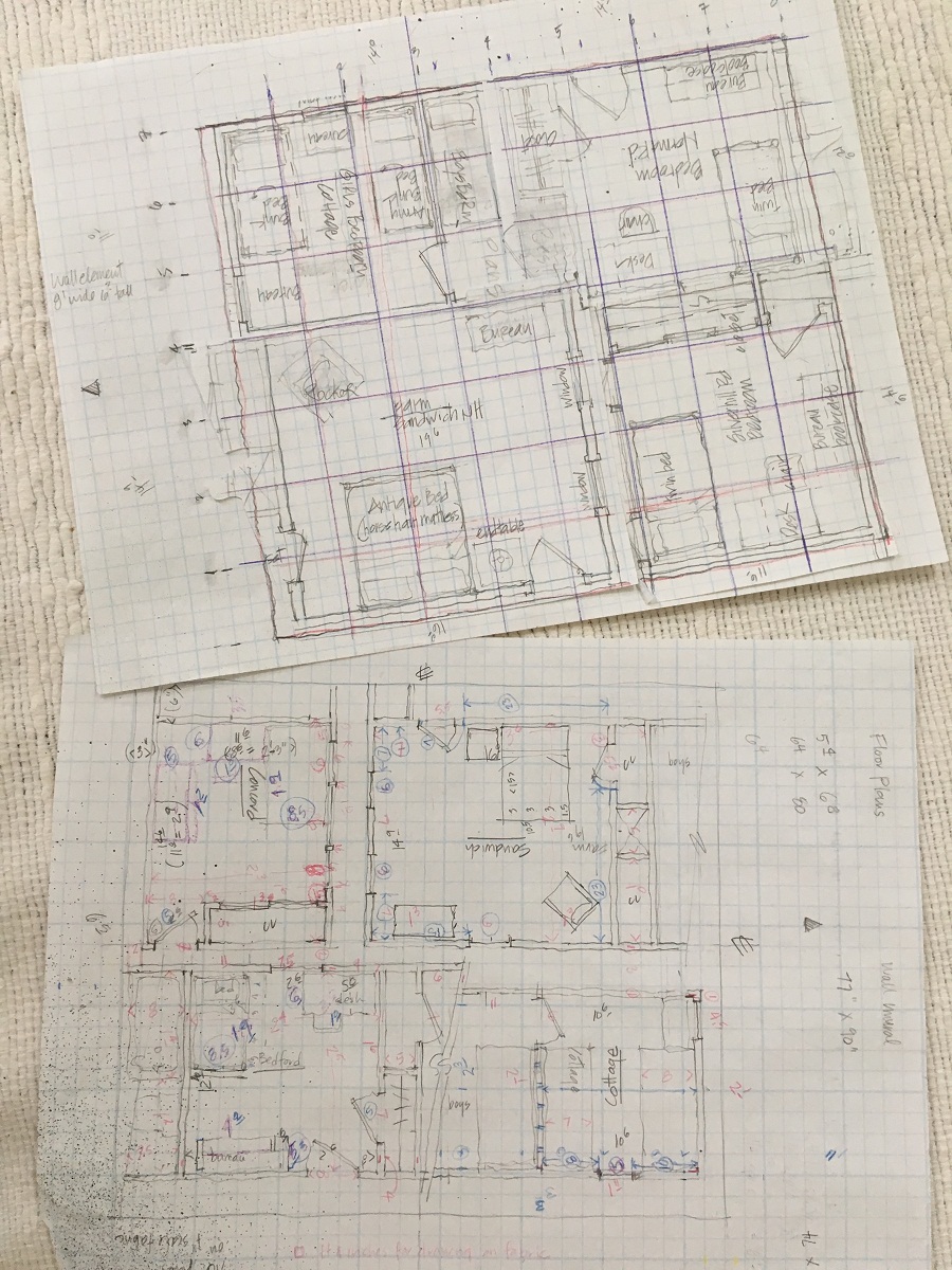 Merill Comeau: Sketches of remembered childhood rooms on graph paper 