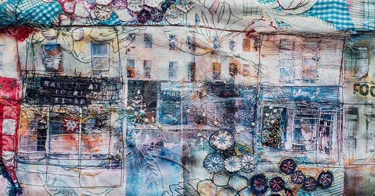 Haf Weighton: Beautiful Green Lanes (photo credit - Jake Morley Photography)|Haf Weighton: Victorian Embroidery Machine with a sample of Haf's work trapped within it (Detail)