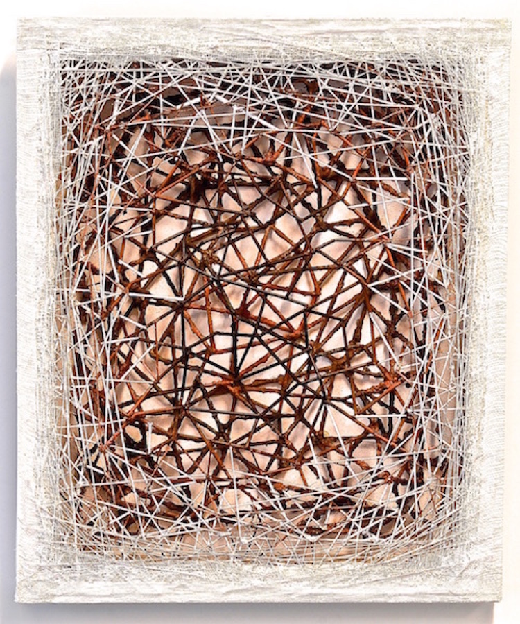 Atsuko Chirikjian, Nested, 2015, 20"x 25"x1.5", wire, paper, stick, thread, gauze