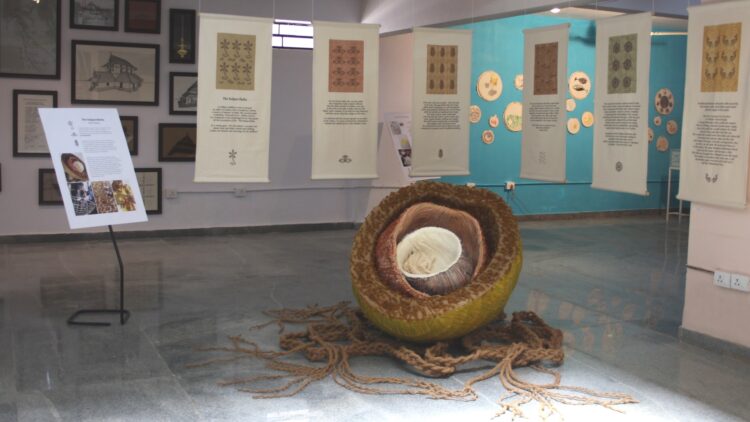 Pallavi Padukone, The Kalpavriksha, 2015. 122cm x 91cm x 76cm (48" x 36" x 30"). Hand weaving, cane craft, digital print. Hand woven textiles, cane, coconut fibre, cotton fabric.