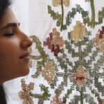 Pallavi Padukone, Jasmine I (detail), 2020. 86cm x 132cm (34" x 52"). Embroidery. Silk organza, jasmine scented cotton dyed with beetroot, indigo and turmeric.
