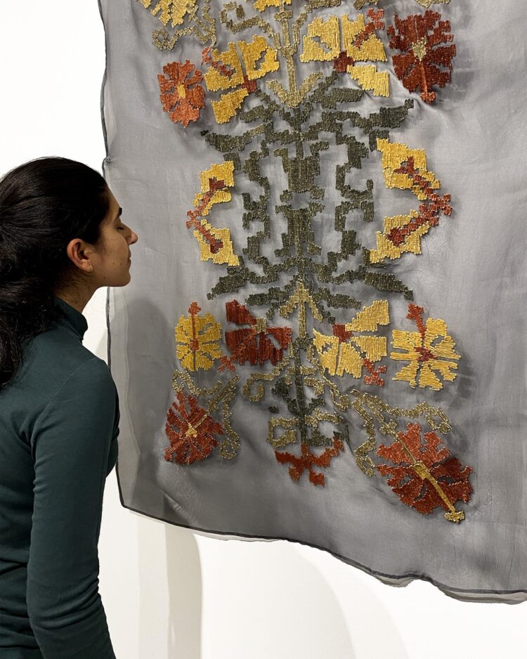 Pallavi Padukone, Hibiscus, 2022. 86cm x 132cm (34" x 52"). Embroidery. Silk organza, hibiscus scented cotton dyed with earth pigments, hibiscus and indigo.