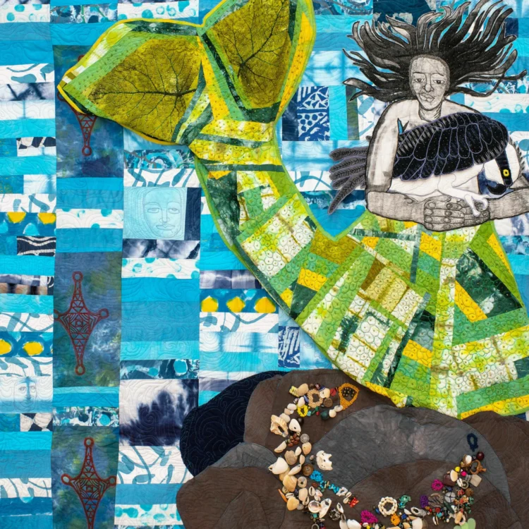 Lauren Austin, Yemanja and her Osprey, 2019. 150cm x 152cm (59" x 60"). Hand dyeing, machine quilting, quilt drawing, stone lithography, hand beading. Cotton fabrics (including duck, lawn and kona cotton), shells, beads, found objects.