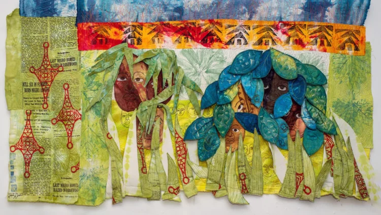 Lauren Austin, We Hid in the Woods and the Swamp, 2012. 73cm x 145cm (29" x 57"). Hand dyeing, silk screen printing, appliqué, machine quilt drawing, beading, hand stitch. Cotton, linen. 