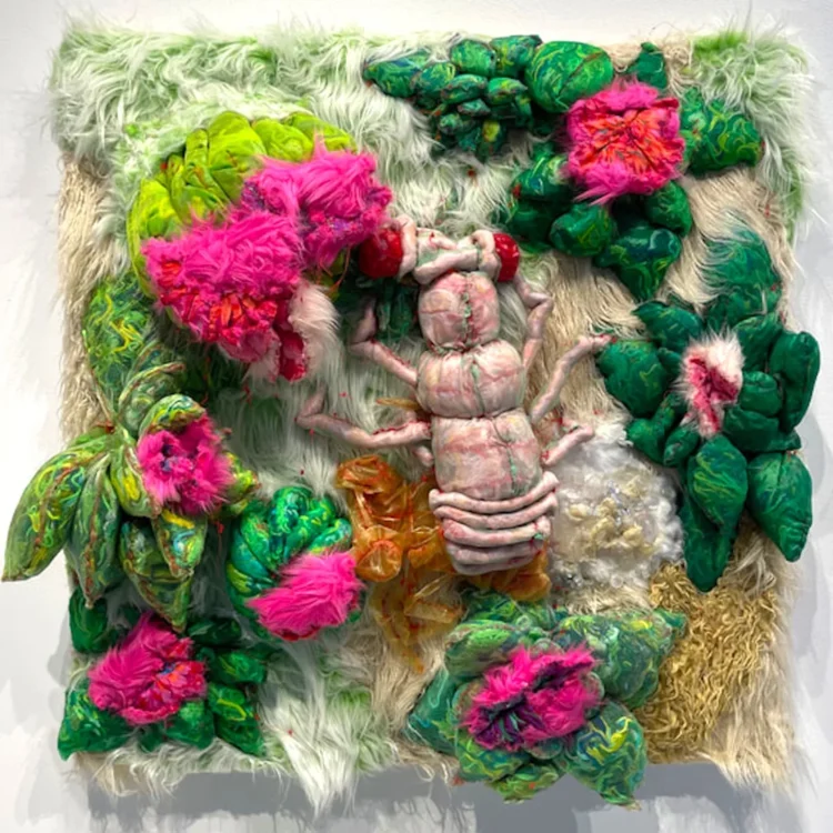 Kelly Boehmer, Molting, 2019. 99cm x 99cm (39" x 39"). Hand stitch. Yarn, faux fur, cotton, organza, glitter, rhinestones, canvas.
