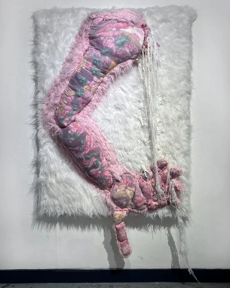 Kelly Boehmer, Crawling Skin, 2022. 244cm x 122cm (96" x 48"). Hand stitch. Yarn, organza, glitter, beads, plastic found objects, faux fur, canvas.