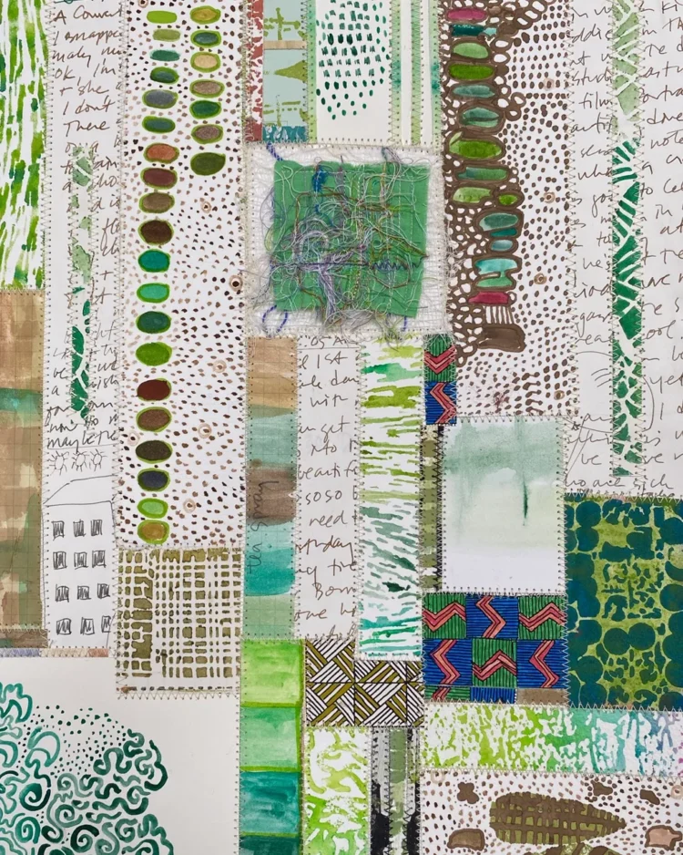 Daniella Woolf, Perfect Pandemic Project – Greens with Fiber, 2020. 28cm x 38 cm (11" x 15"). Machine stitch, collage. Paper, thread. Photo: RR Jones Photography.