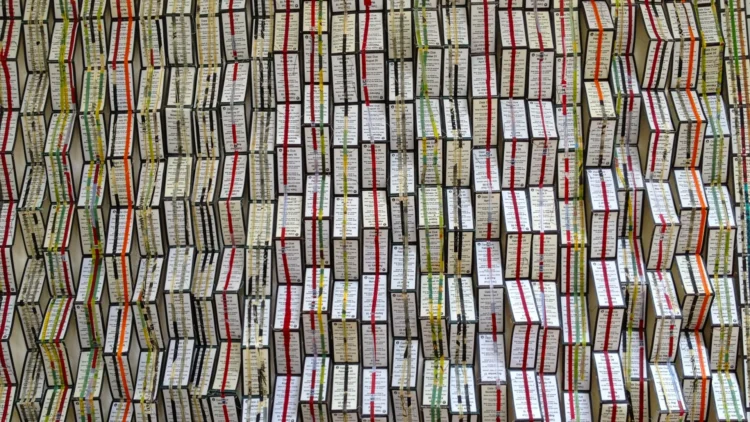 Daniella Woolf, Due Date, 2013. 1.8m x 2.7m (6ft x 9ft). Machine stitch, shredding. Library due date cards, thread. Photo: RR Jones Photography.
