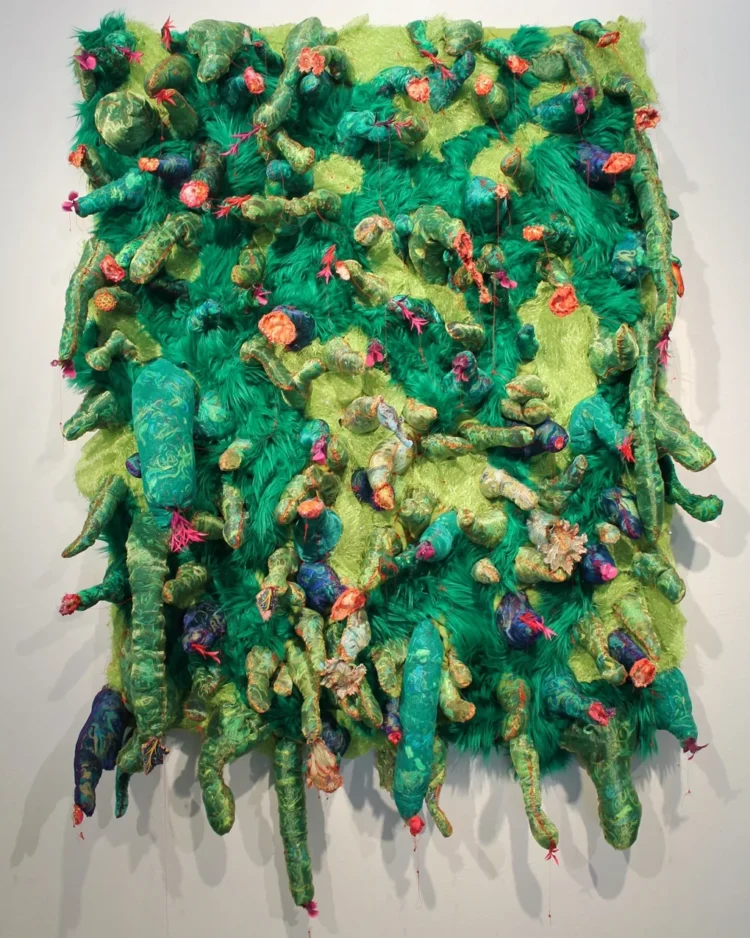 Kelly Boehmer, Floral Tapestry, 2016. 183cm x 122cm (72" x 48"). Hand stitch. Vintage cotton fabric, organza, faux fur, yarn, aquarium plants, canvas.