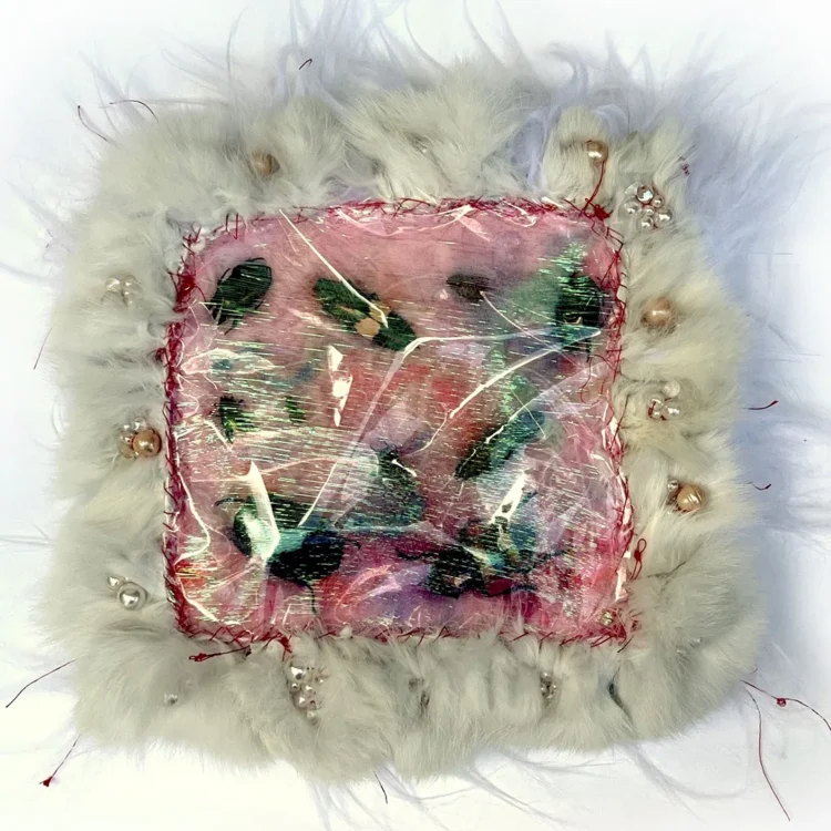 Kelly Boehmer, Skin Crawl, 2021. 25cm x 25cm (10" x 10"). Hand stitch. Beetles, yarn, glitter, faux and real fur, canvas.