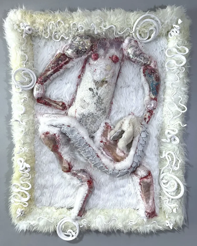 Kelly Boehmer, Laocoon, 2021. 198cm x 137cm (78" x 54"). Hand stitch. Taxidermy, yarn, faux fur, organza, canvas.