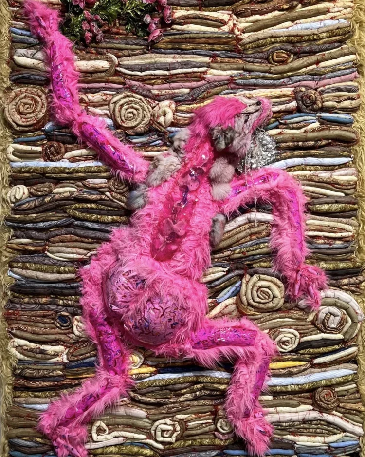 Kelly Boehmer, Bad Date, 2022. 259cm x 168cm (102" x 66"). Hand stitch. Taxidermy, silk flowers, yarn, glitter, beads, faux fur, canvas.