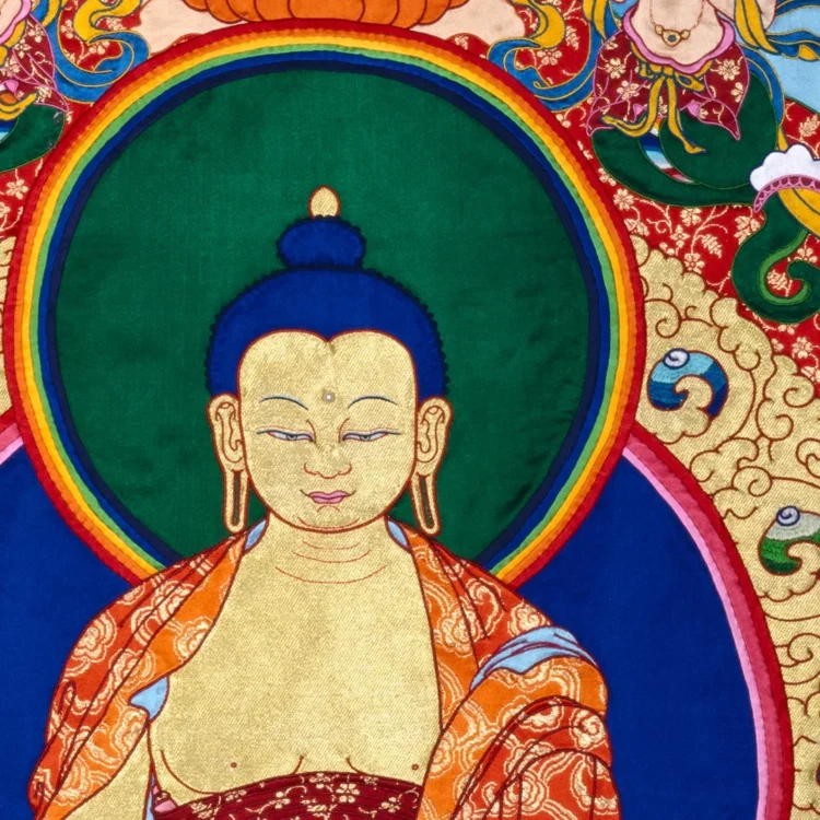 Leslie Rinchen-Wongmo, Buddha and The Six Supports (detail), 1997. 198cm x 127cm (78" x 50"). Hand stitch, Tibetan appliqué. Silk satin, brocade, gold, pearls, horsehair.