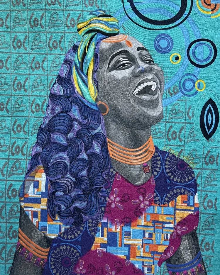 Clara Nartey, Bubbly, 2022. 102cm x 76cm (40" x 30"). Digital painting, textile design, free machine embroidery, quilting. Thread, ink, cotton.