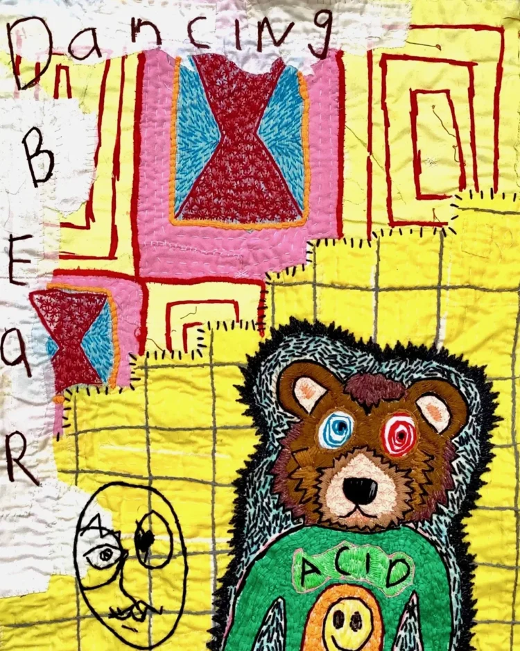 Anthony Stevens, Dancing Bear, 2021. 69cm x 46cm (27" x 18"). Hand embroidery, hand stitching. Mixed textiles, mixed threads, acrylic paint, Posca pen, felt.