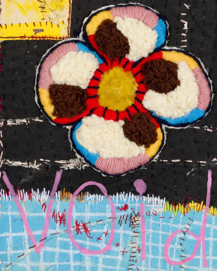 Anthony Stevens, Night Bloom (Void), 2022. 27cm x 21cm (11" x 8"). Hand embroidery, appliqué, hand stitch. Mixed textiles, mixed threads, acrylic paint, Posca pen, felt.