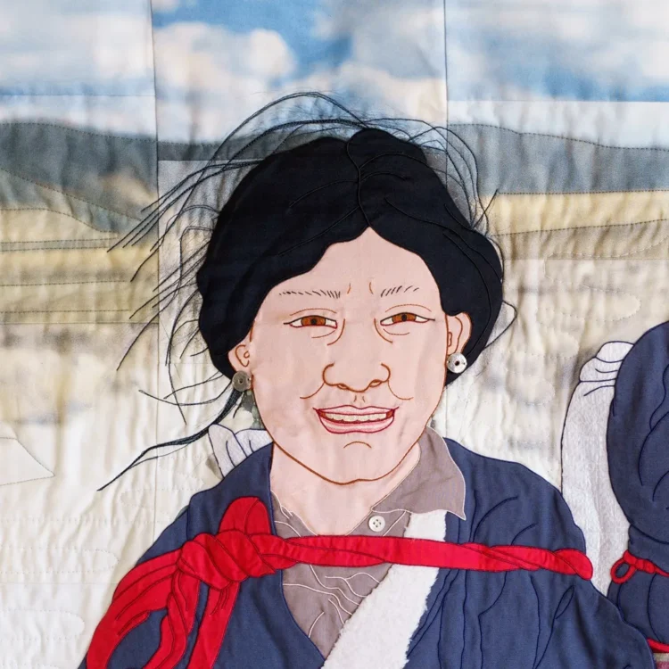 Leslie Rinchen-Wongmo, Faces Of Pilgrimage (detail) 2008. 60cm x 90cm (23" x 36"). Inkjet photo printing, hand stitch, Tibetan appliqué, machine quilting. Silk satin, cotton, plastic sacking, horsehair, various fabrics.