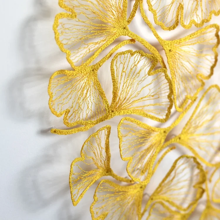 Meredith Woolnough, Ginkgo Circle (detail), 2024. 60cm x 60cm (24" x 24"). Freehand machine embroidery. Water soluble fabric, embroidery thread, pins, paper.