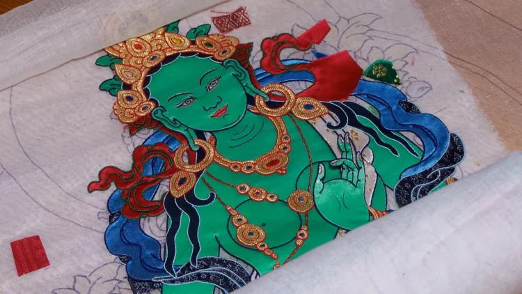 Leslie Rinchen-Wongmo, Green Tara (work in progress), 2008. 134cm x 88cm (53" x 35"). Hand stitch, Tibetan appliqué. Silk satin, brocade, horsehair, gold, pearl.