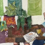 Lauren Austin, Beth's Indoor Garden, 2023. 188cm x 201cm (74" x 79"). Woodcut print, batik, hand dyeing, machine quilting, appliqué, hand beading. Cotton, Malian mudcloth, vinyl, vintage adire cloth.