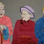 Leslie Rinchen-Wongmo, Three Mongolians, 2006. 60cm x 90cm (24" x 36"). Hand stitch, Tibetan appliqué. Silk satin, linen, beads, horsehair.