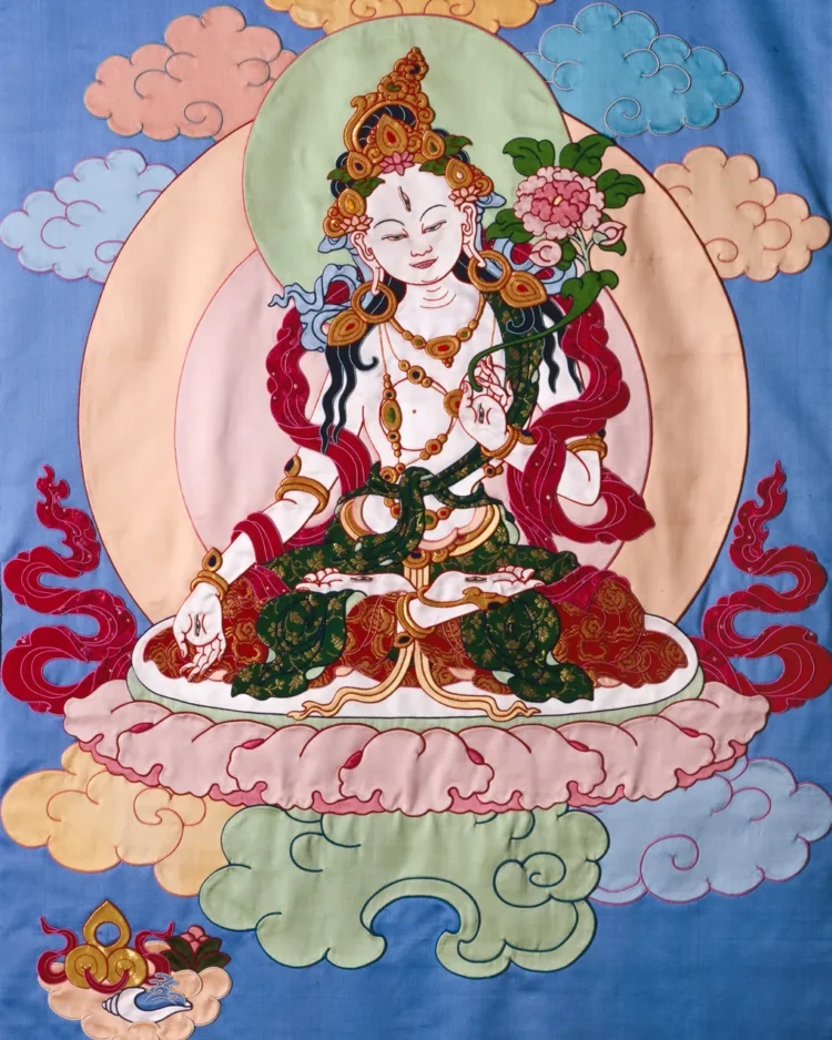 Leslie Rinchen-Wongmo, White Tara, 2001. 74cm x 51cm (29" x 20") plus brocade frame 147cm x 76cm (58" x 30" finished). Hand stitch, Tibetan appliqué. Silk satin, brocade, horsehair.
