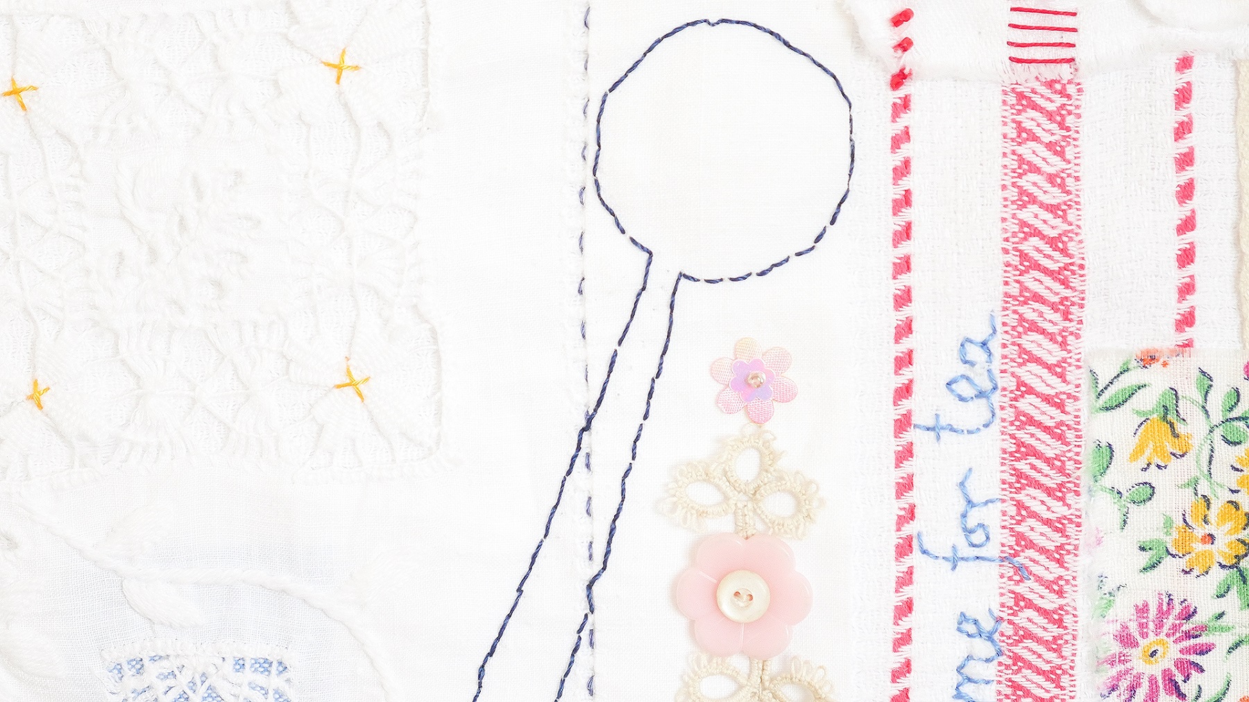 Jane King, Time for Tea (detail), 2021. 28cm x 28cm (11" x 11"). Collage, fabric appliqué, hand stitch. Vintage fabrics and household linens, embroidery threads. 