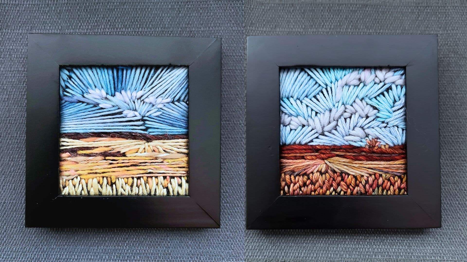 A pair of framed pictures of landscapes stitched in thread.