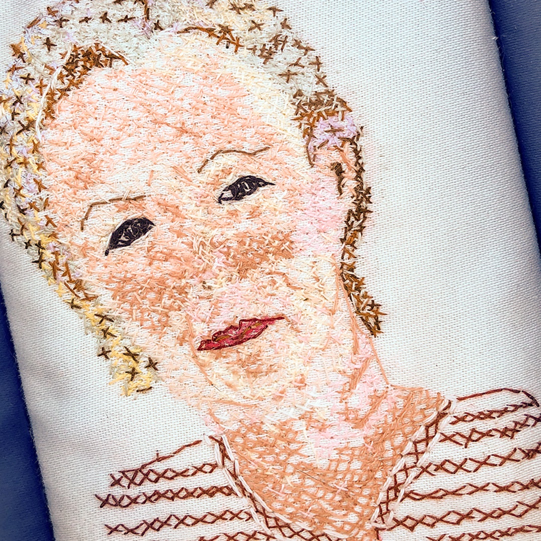 Elaine Skidmore, Lesley, 2021. 14cm x 10cm (5" x 4"). Cross stitch. Linen, embroidery floss. 