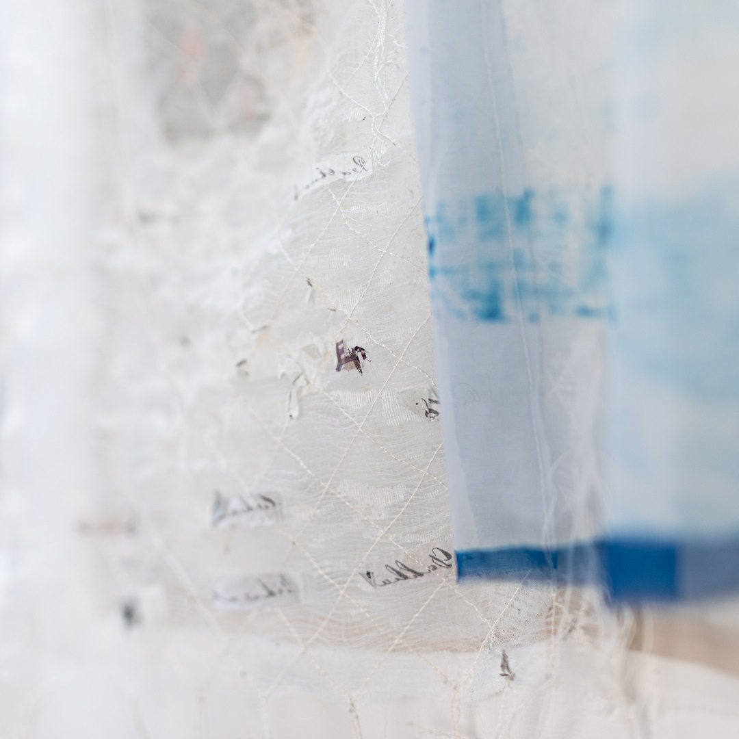 Hannah Lamb, Incomplete Histories (detail), 2021. 165cm x 90cm x 5cm (5½ft x 36" x 2"). Cyanotype, digital print, machine stitch, fabric manipulation. Cotton, silk and mixed fibre fabrics.
Photo: Proud Fox