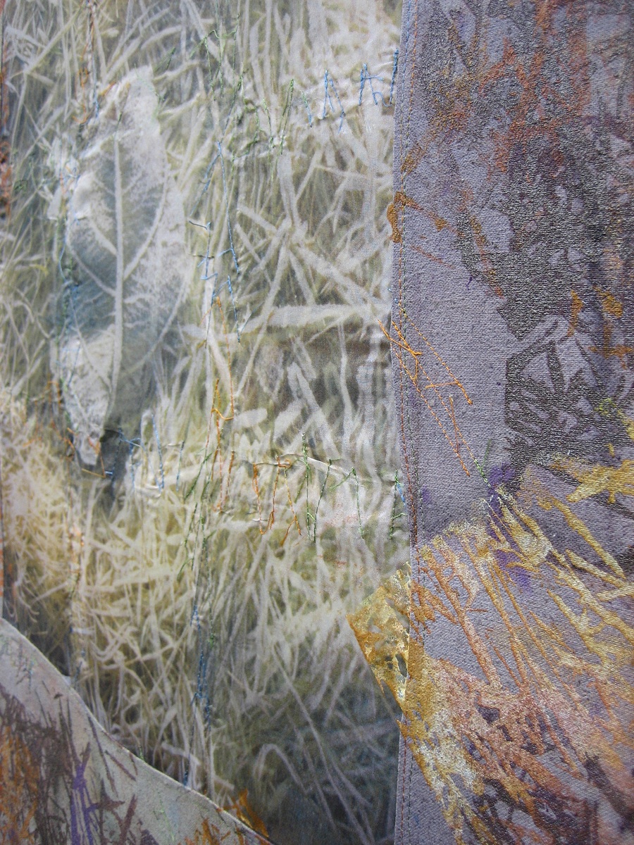 Wen Redmond: Frozen Leaf  (Detail), 2006, Multi-layered Surface Holographic Design- Hand painted raw silk and silkscreen of an original photo. Overlay is silk organza, dyed and hand painted         Intuitive curved piecing- Hand dyed cottons- machine quilting, rayon Two layers of fabric are digitally printed with sections of an original photograph, a pine tree on Deer Island, ME. The top layer is silk organza, and bottom is rayon. Sections of the bottom layer can be seen beneath the organza. Painted with dye, acrylic and glass bead medium. Stitching and mounted on stretcher bars.  23x34