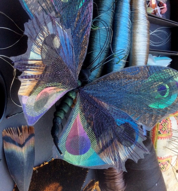 Bridget Bailey, Butterfly in progress with turkey feather detail, 2015