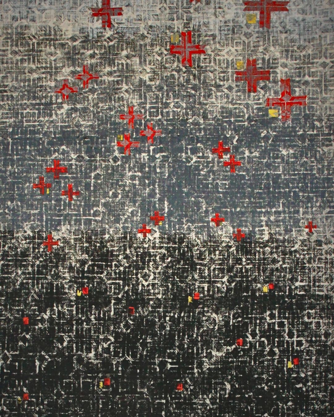 A black and white stitched artwork with red crosses.