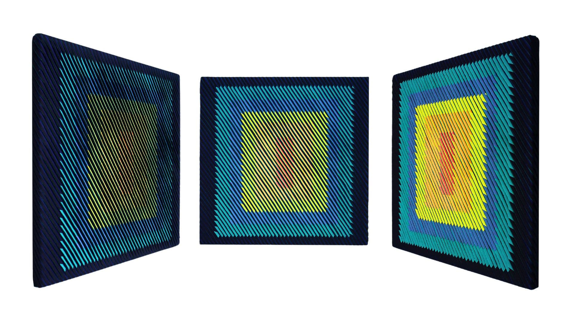 Three identical colourful stitched squares displayed on a white background.