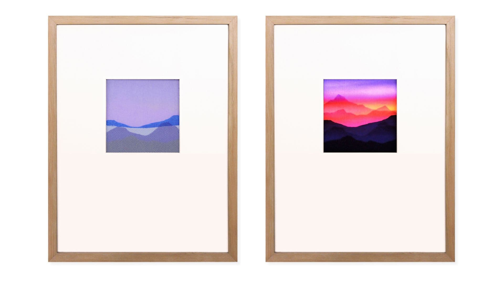 Two framed artworks on a white wall. A mountainous landscape at sunrise and sunset.  