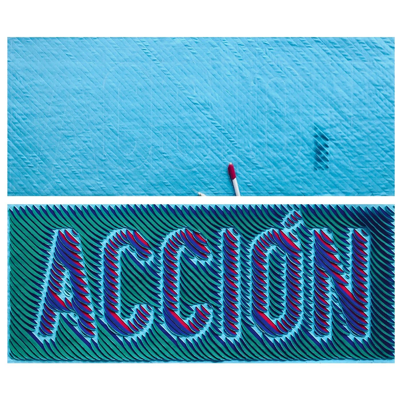 A stitched artwork in bold blue, green and purple with the text: Accion. Action in Spanish. 